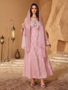 Al Najma Đầm xòe tay bồng cổ đính đá jacquard thanh lịch, tôn dáng, thích hợp mùa xuân/hè, màu hồng. - Hồng - Xem 5