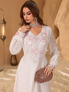 SHEIN Najma Sequin Embroidery Hollow Out Lace-Up Waist Long Sleeve Elegant Women Dress - White - View 7