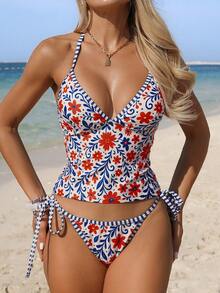 Swim Lushoire Women's Spaghetti Strap Tie Sleeveless Fitted Summer Camisole Tankinis