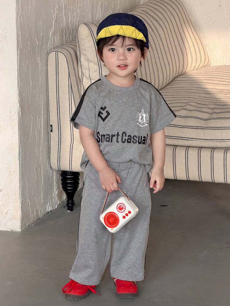 2pcs Toddler Boys Letter Print Short Sleeve T-Shirt And Long Pants Set