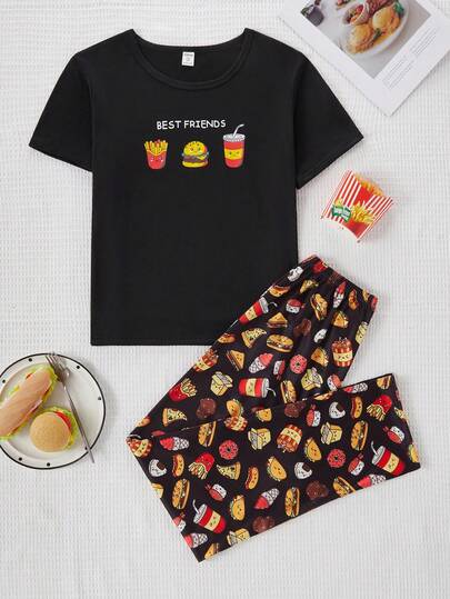 Teen Boys Pajamas-2 Piece Pajama Set Spring To Summer Best Friends Fast Food Print Black Crewneck Short Sleeve Top Elastic Waist Long Pants Sleepwear Loungewear Casual Nightwear Home Sleepover Fun Playful Gift Idea Four Seasons 2026 Holiday Essential