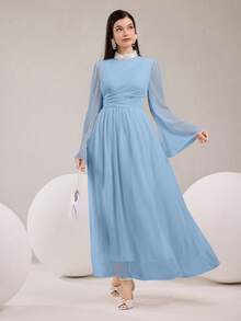 Modelyn 女士立领仿珍珠装饰网纱拼接优雅收腰派对喇叭袖连衣裙 - 淺藍色 - 查看 1