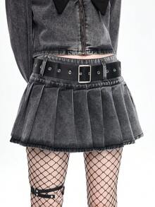 ROMWE Goth 暗黑哥特复古性感低腰迷你百褶牛仔裙 - 灰色 - 查看 5