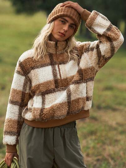 SHEIN Unity Áo khoác nỉ dài tay rộng rãi, chất liệu lông mềm mại, có khóa kéo và túi, dành cho nữ, thích hợp mặc mùa thu/đông.