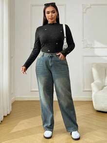 SHEIN EZwear Áo thun tay dài cổ bèo nhún màu đen cỡ lớn dành cho nữ, đa năng cho mùa thu/đông - màu đen - Xem 6