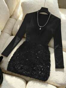 Rafferiza V领羽毛亮片拼接收腰性感女式连衣裙 - 黑色 - 查看 7