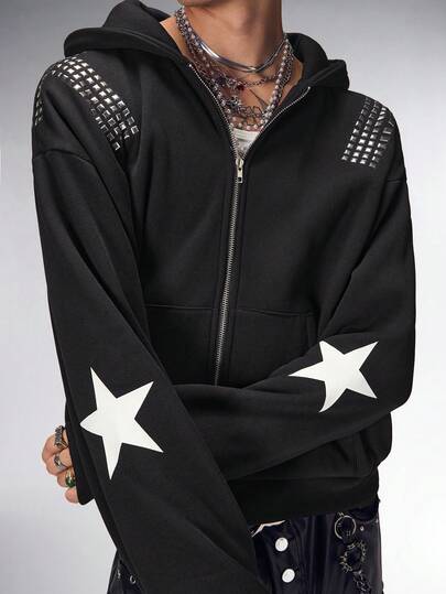 Street Life Sudadera con capucha de hombre con parche de cruz punk y cremallera en el cuello