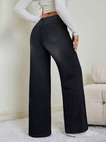 SHEIN Tall 秋冬女款休閒口袋直筒牛仔褲，保暖內裡，低腰黑色牛仔褲，適合高個女性 - 黑色 - 查看 2