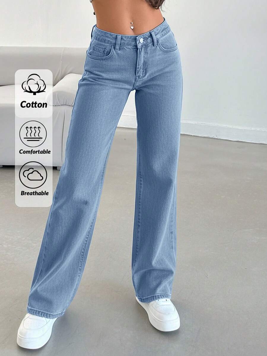 SHEIN Tall 100%Cotton LOW AIST BLACK STAIGHT CUT LONG HEM JEAN - Light Wash - View 1