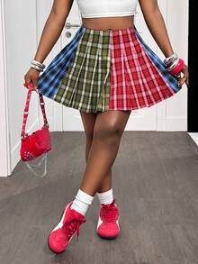 BamGleam 女士撞色格纹简约休闲半身裙 - 彩色 - 查看 3