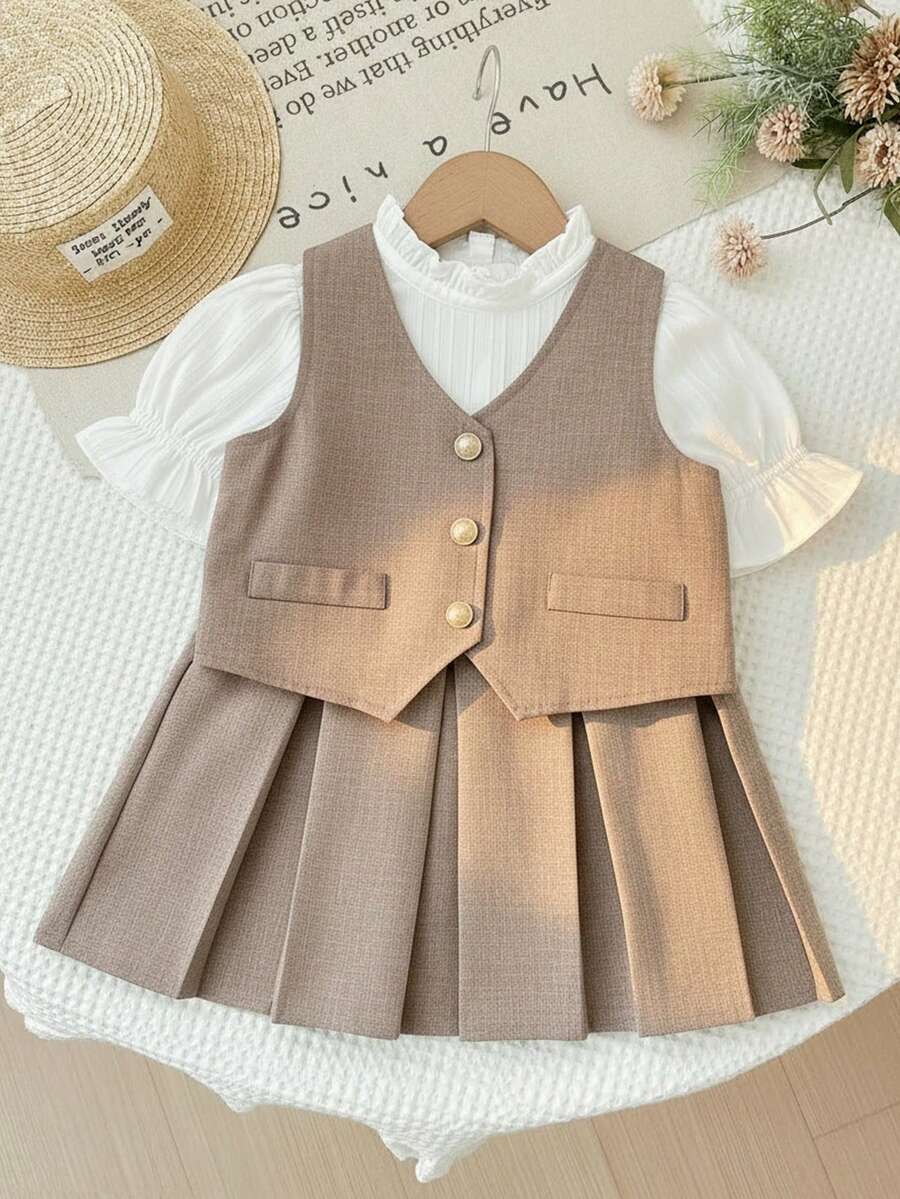 LMoss Kids Young Girls Button Vest & Pleated Skirt Set - Khaki - View 1