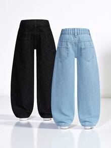 SHEIN Explorewe 2件套少女百搭直筒阔腿牛仔裤，宽松舒适休闲牛仔裤，适合春秋季和假期穿着 - 彩色 - 查看 2