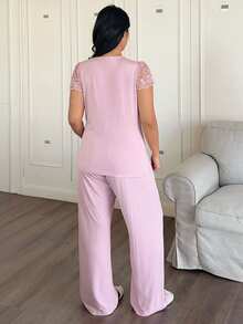 Dazy Plus 2pcs Contrast Lace Elastic Fitted Short Sleeve Top And Loose Straight Pants Pajama Set, Pink, Spring/Summer - Pink - View 8