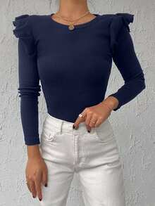 EURMUSE 95% Cotton Ribbed Knit Ruffle Trim Tee - Navy Blue - View 6