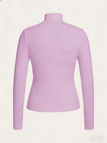 SHEIN BASICS 女士休闲纯色针织修身常规领长袖T恤 - 紫色 - 查看 2