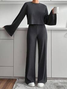 EURMUSE Drop Shoulder Ribbed Knit Tee & Wide Leg Pants Textured Fabric Two Pieces - Dark Grey - View 4