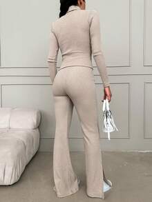 EURMUSE Cotton Cut Out Front Crop Tee & Flare Leg Pants - Apricot - View 2