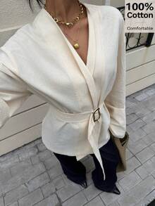 Siren Gaze 100% Cotton Cinched Waist Metal Buckle Long Sleeve Shirt,Soft&Skin-Friendly Beige Kimono Blouse,Autumn Chic Brunch Elegant Ladies Bell Sleeve Top - Apricot - View 5