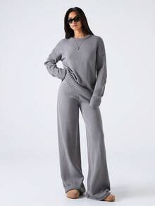 LYSMO 女士纯色圆领长袖毛衣和长裤休闲常规装，秋冬 - 灰色 - 查看 4
