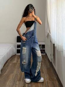 StreetHx 女士休闲水洗做旧牛仔背带裤 - 藍色 - 查看 8