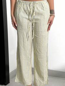 Shopreo Pantalon rayé rose pour femmes, été - Jaune citron - Voir 5