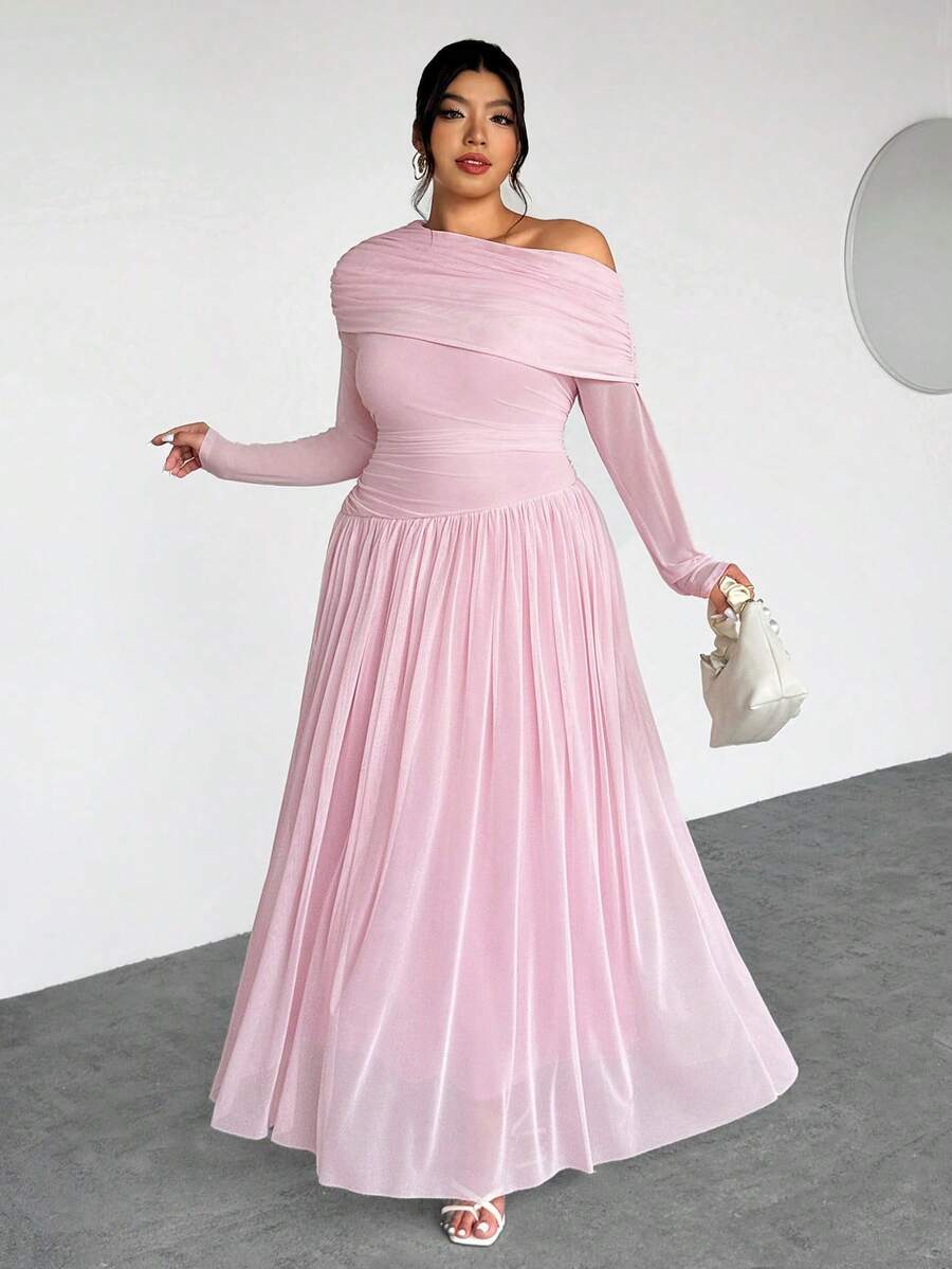 Firerie 大码优雅通勤纯色不对称领连衣裙 - 粉色 - 查看 1