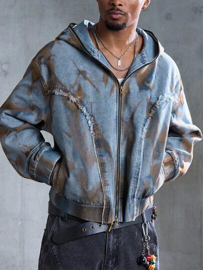 Street Life Veste en jean à capuche avec imprimé tie-dye vintage lavé, style décontracté pour homme