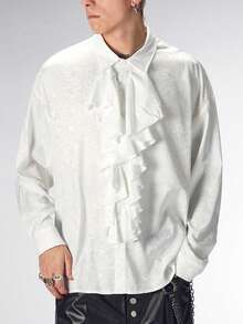 ROMWE MEN Goth Áo sơ mi nam tay dài đơn giản, tối giản, màu trơn, có viền bèo nhún - trắng - Xem 5