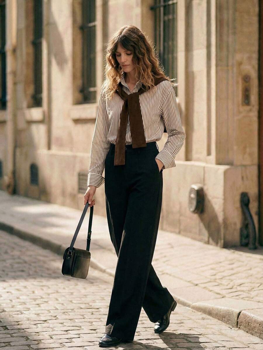 Écloséra 2pcs/Set Women's Striped Shawl Collar Shirt And High Waist Wide Leg Pants, Spring/Autumn