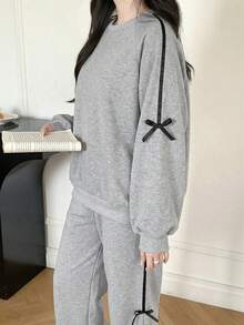 少女灰色针织拼接蝴蝶结圆领卫衣和运动裤休闲套装 - 灰色 - 查看 5