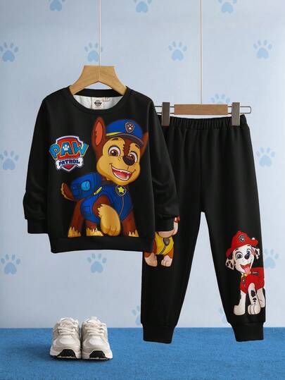 SHEIN | PAW Patrol 2件套男童卡通小狗印花圆领长袖卫衣和长款运动裤休闲运动套装，春秋季
