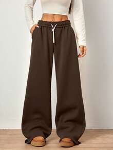 Flirla Quần dài thể thao nữ màu xám, cạp gập, dây rút, túi xéo, ống đứng, phong cách đường phố thường ngày. - màu nâu - Xem 5