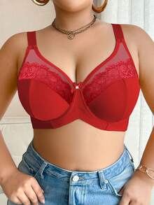 DesireSculpt 大码纯色网眼蕾丝拼接钢圈文胸 - 紅色 - 查看 3