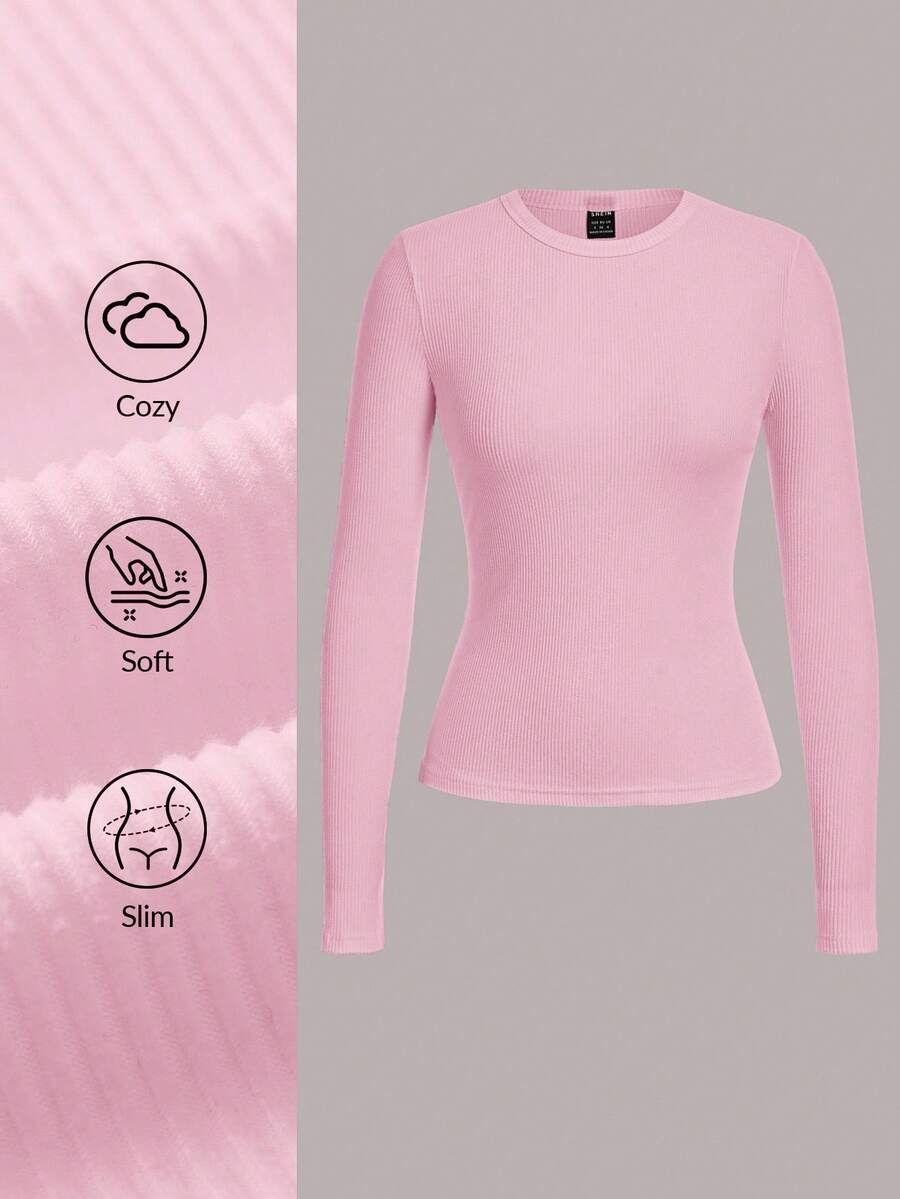 SHEIN BASICS Women's Casual Solid Color Knit Crew Neck Long Sleeve Fitted T-Shirt