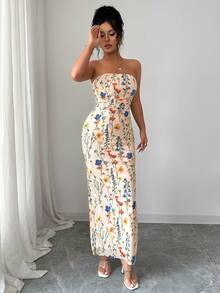 Rafferiza Damen elegantes bodennlanges Bodycon-Wickelkleid mit Rüschen, Blume Muster und Bustier-Oberteil - Aprikosenfarben - Übersicht 7
