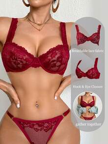 DesireSculpt 1pc Women's Lace Comfortable Underwire Bra - Burgundy - View 1