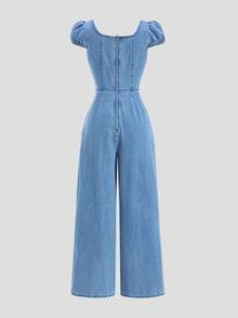 SHEIN MOD 女士休闲水洗泡泡袖牛仔连体裤 - 淺色水洗藍 - 查看 2