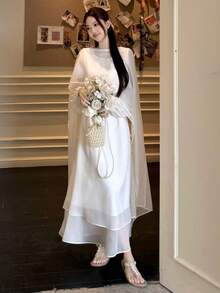 DAZY 女士休闲韩版蝴蝶结优雅派对生日仙女披肩两件套长裙吊带裙 - 白色 - 查看 1