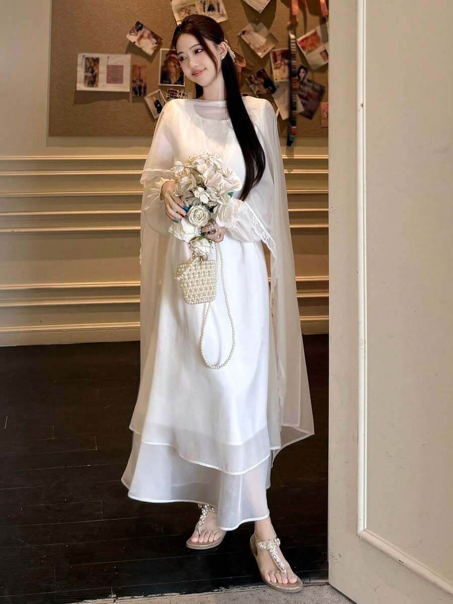 DAZY 女士休闲韩版蝴蝶结优雅派对生日仙女披肩两件套长裙吊带裙 - 白色 - 查看 1