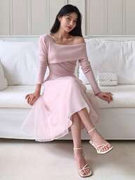 DAZY Women's Asymmetric Bodycon Waist A-Line Midi Mesh Dress