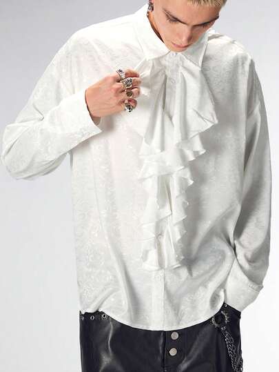 Street Life Camicia casual a maniche lunghe da uomo di colore unito con bordo arricciato, stile minimalista