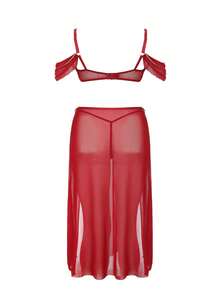 Fantasy Costume Conjunto de lencería sexy de talla grande para el Día de San Valentín, conjunto de 3 piezas con falda con abertura, decoración de flecos y cadena de malla