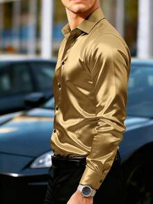 Manfinity Mode 男士纹理设计休闲商务长袖衬衫 - 金色 - 查看 3