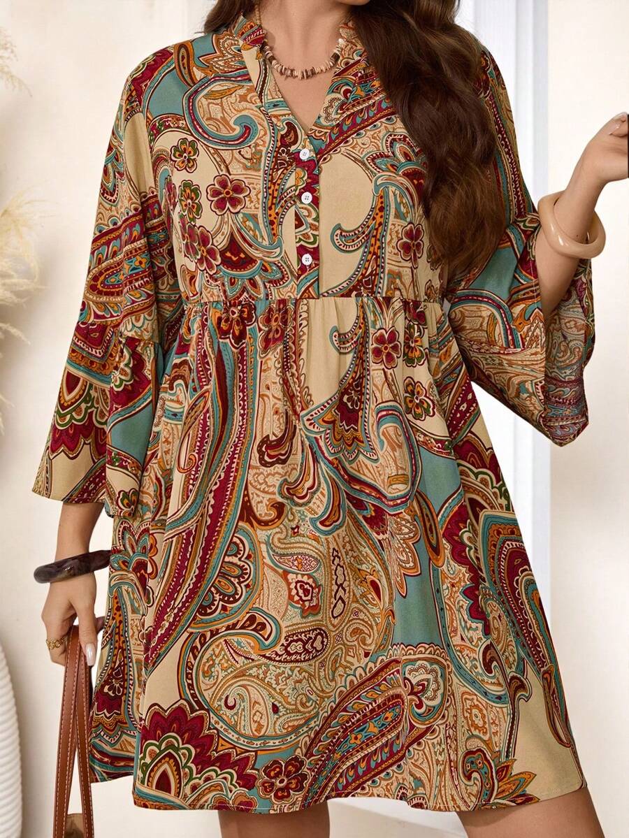 EMERY ROSE Sukienka damska w stylu retro z nadrukiem paisley i rękawami 3/4, w rozmiarze plus size, na wczesną wiosnę