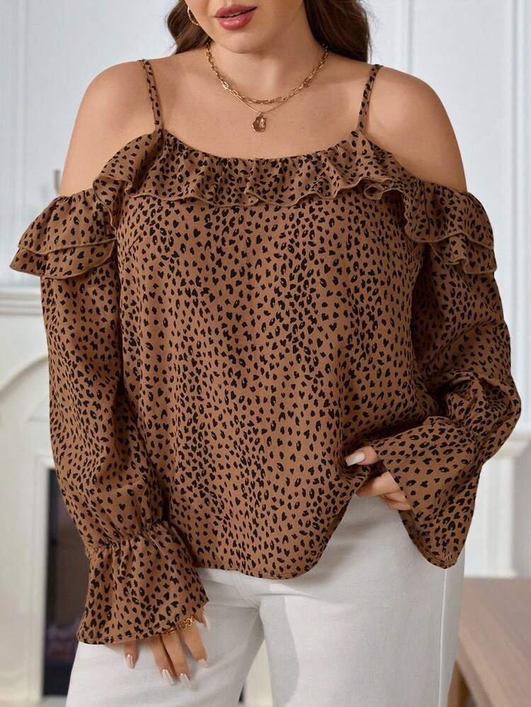 Plus Size Women's Fall/Early Spring Casual Fashion Vacation Leopard Print Cold Shoulder Ruffle Trim Blouse, Autumn, Going Out, 2026 New , Simple And Fashionable For Everyday Wear, Vacations Women , Holidays For Women, Spring Women, Valentine's Day , Valentines For Women