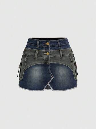 ROMWE Avant Jupe mini cargo à la mode avant-gardiste en jean, taille basse, double ceinture