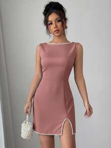 Elenzga فستان أنيق رومانسي مصنوع من الأسود والأبيض مع زخرفة من اللؤلؤ، بياقة طاقم بدون أكمام وفتحة جانبية مناسب للخروجات الربيعية والمواعدة وحفلات العشاء وعيد الحب - وردي مغبر - مشاهدة 6