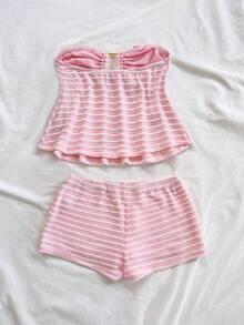 Soleia Women's Summer Set Vacation Outfits Women Casual Sets For Women Pink  Carnival Women's Striped Ruched Bandeau Top And Shorts 2 Pieces Set