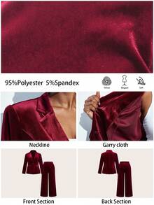 Maija Conjunto de chaqueta y pantalón de pierna ancha de unicolor con cuello de solapa y manga larga para mujer de talla grande, otoño - Burdeos - Ver 7