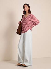 Easelle 复古休闲V领红白条纹撞色宽松针织女式毛衣 - 彩色 - 查看 3